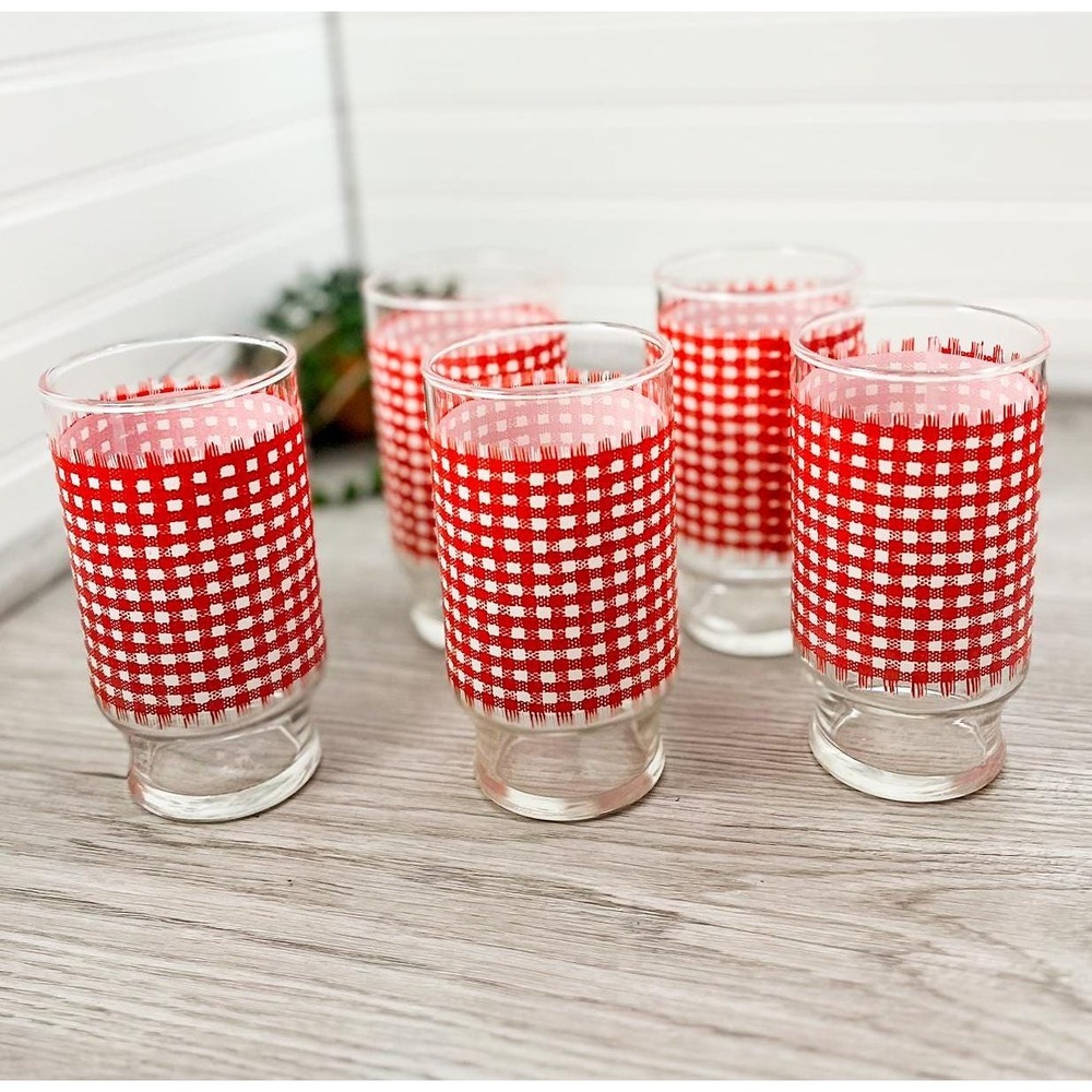 Vintage Anchor Hocking‎ Red and White Gingham Drinking Glass Set of 5